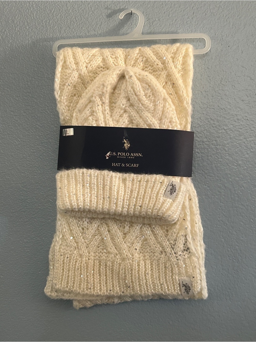 U.S. Polo Assn. Cream Knit Hat & Scarf Set with Sparkle